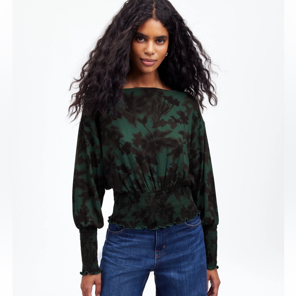 NWT Madewell Floral Smocked-Waist Long Sleeve Top In Luxury Forest Sz S boho